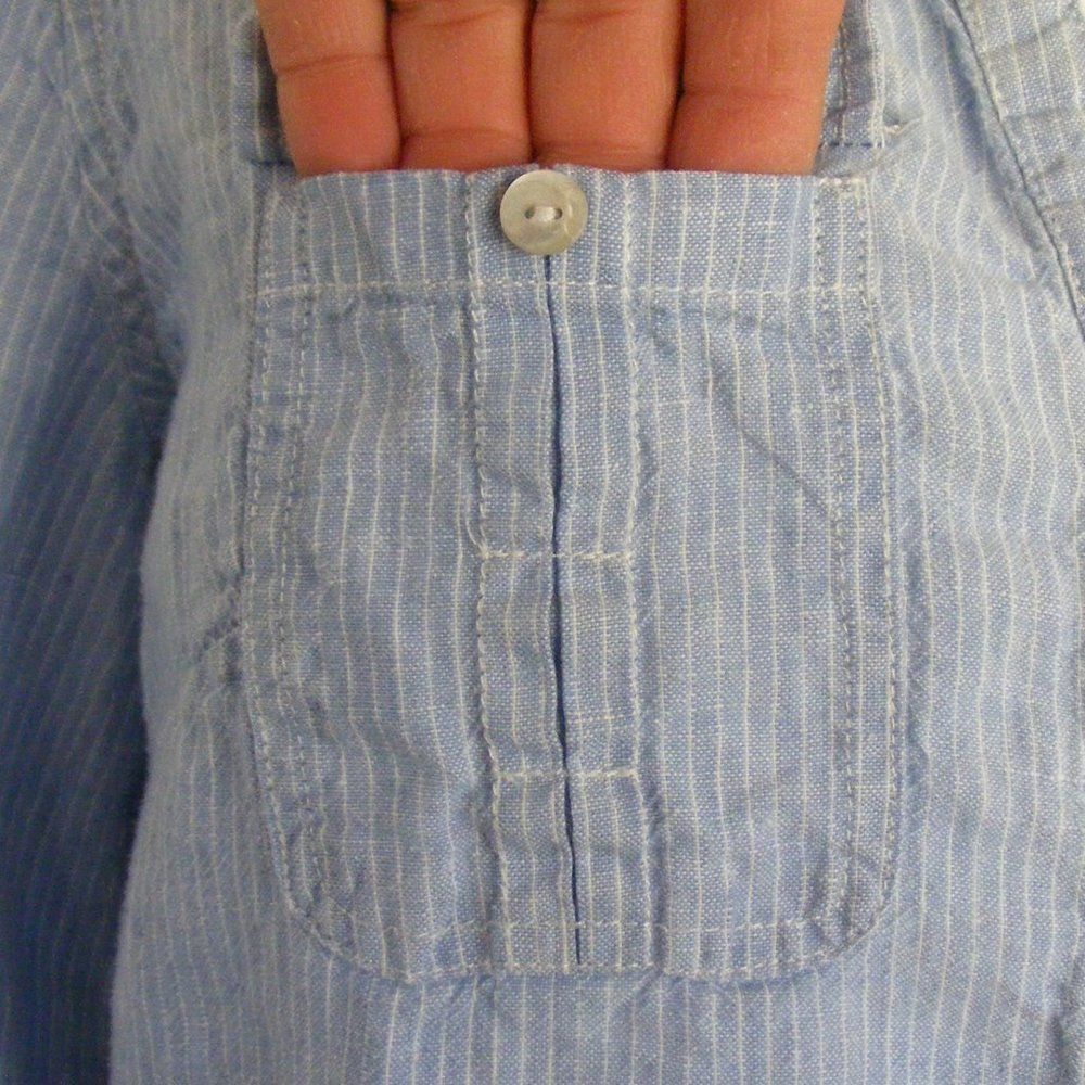 MALVIN Linen Dress, M, Blue, thin white stripe, Mini, Pockets, Sash belt - Picture 9 of 14